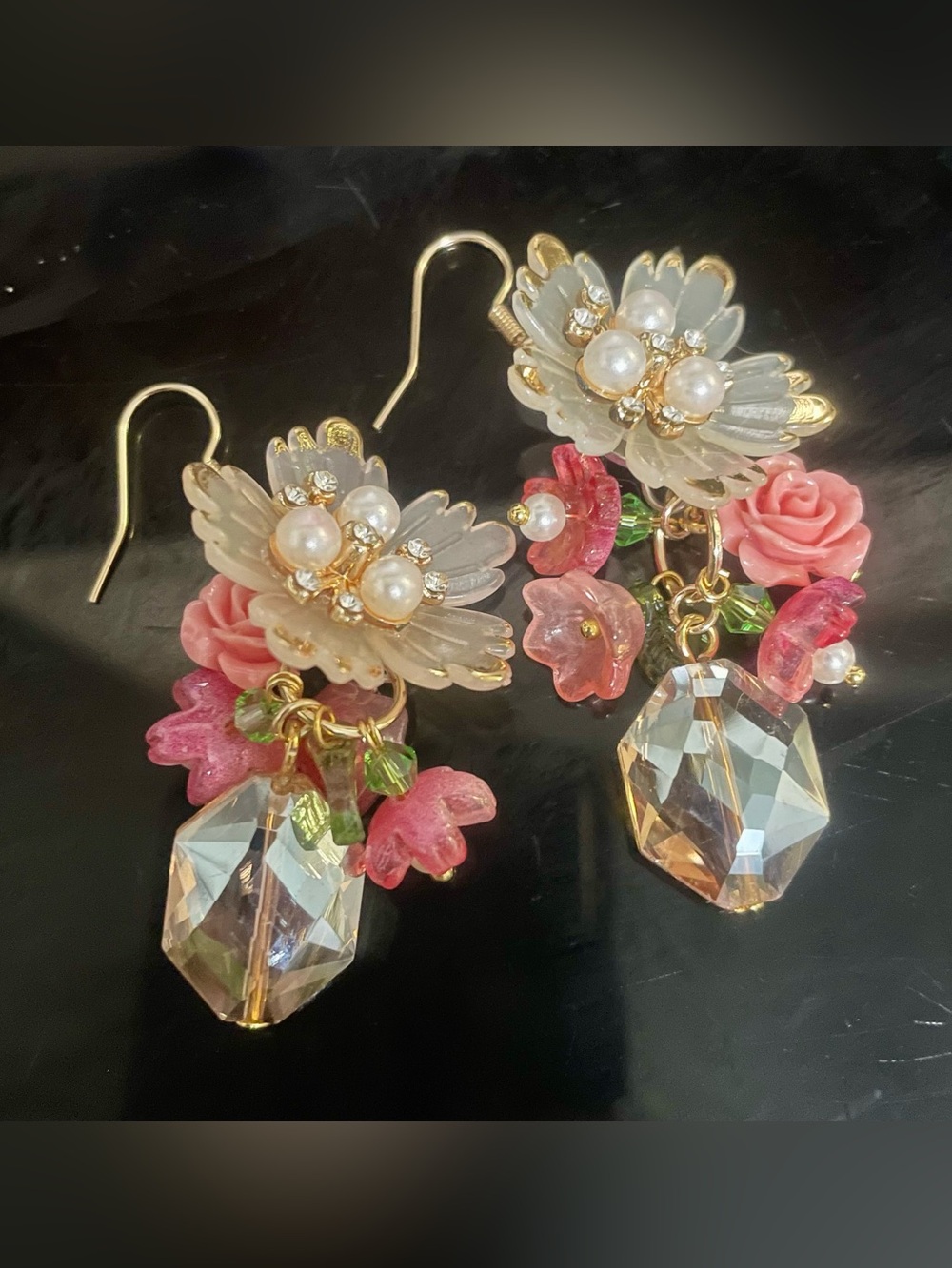 Floral Hand Crafted Earrings with Cream & Peach Flowers and Champagne Crystals